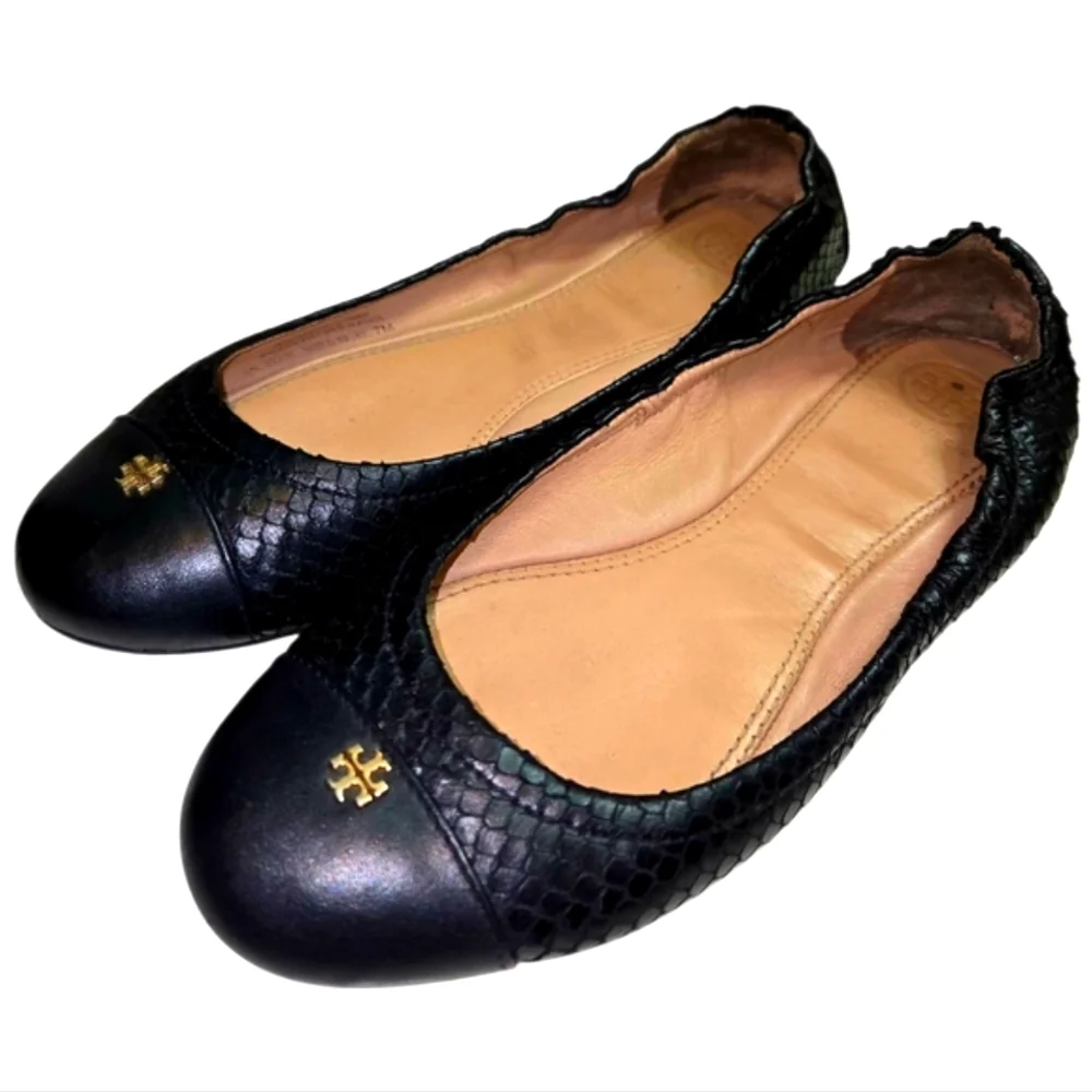 Tory Burch Black Leather Ballet Flats Size 7 Snake Embossed - Picture 4 of 8